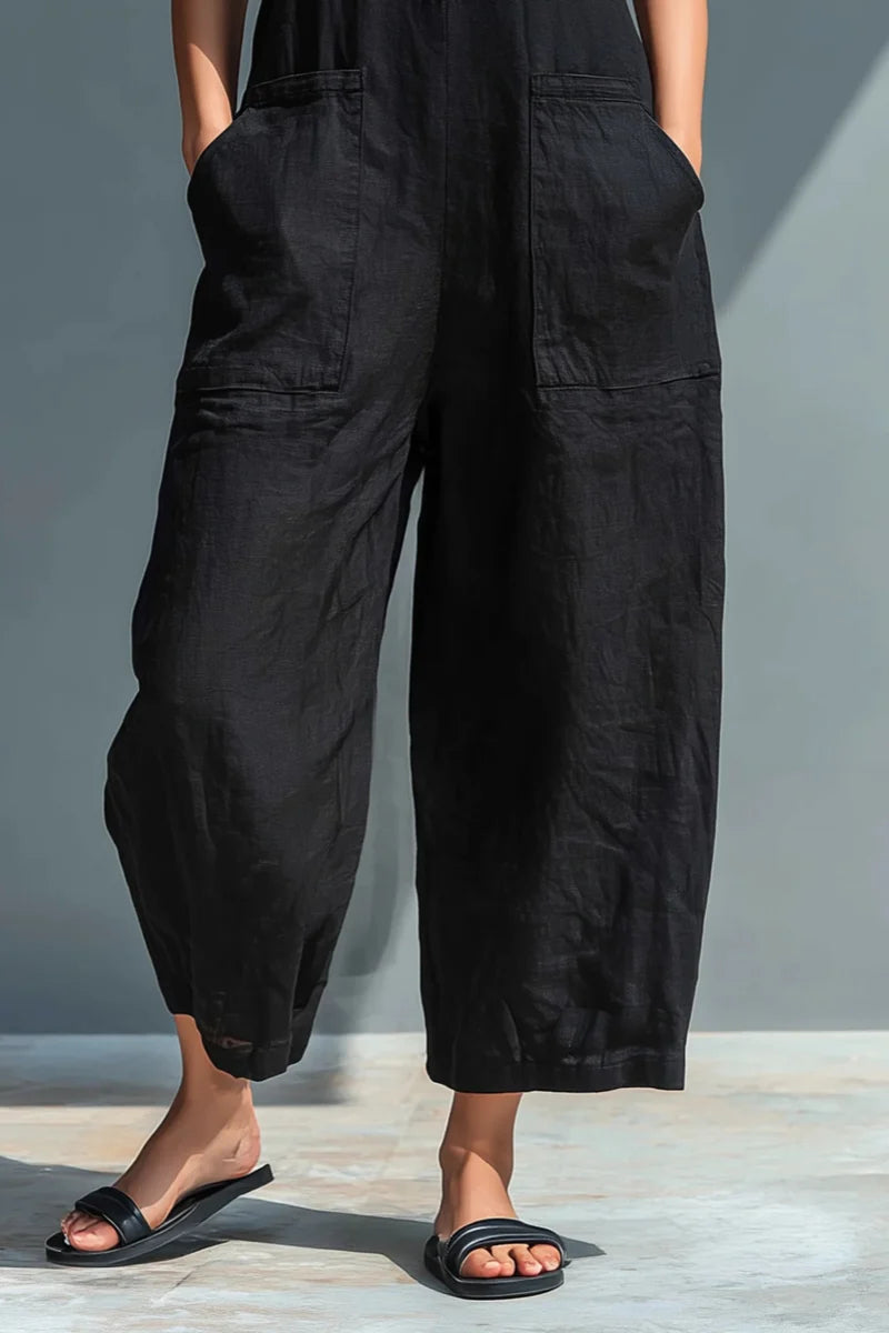 Mono Largo de Lino Negro Sin Mangas con Cuello Alto