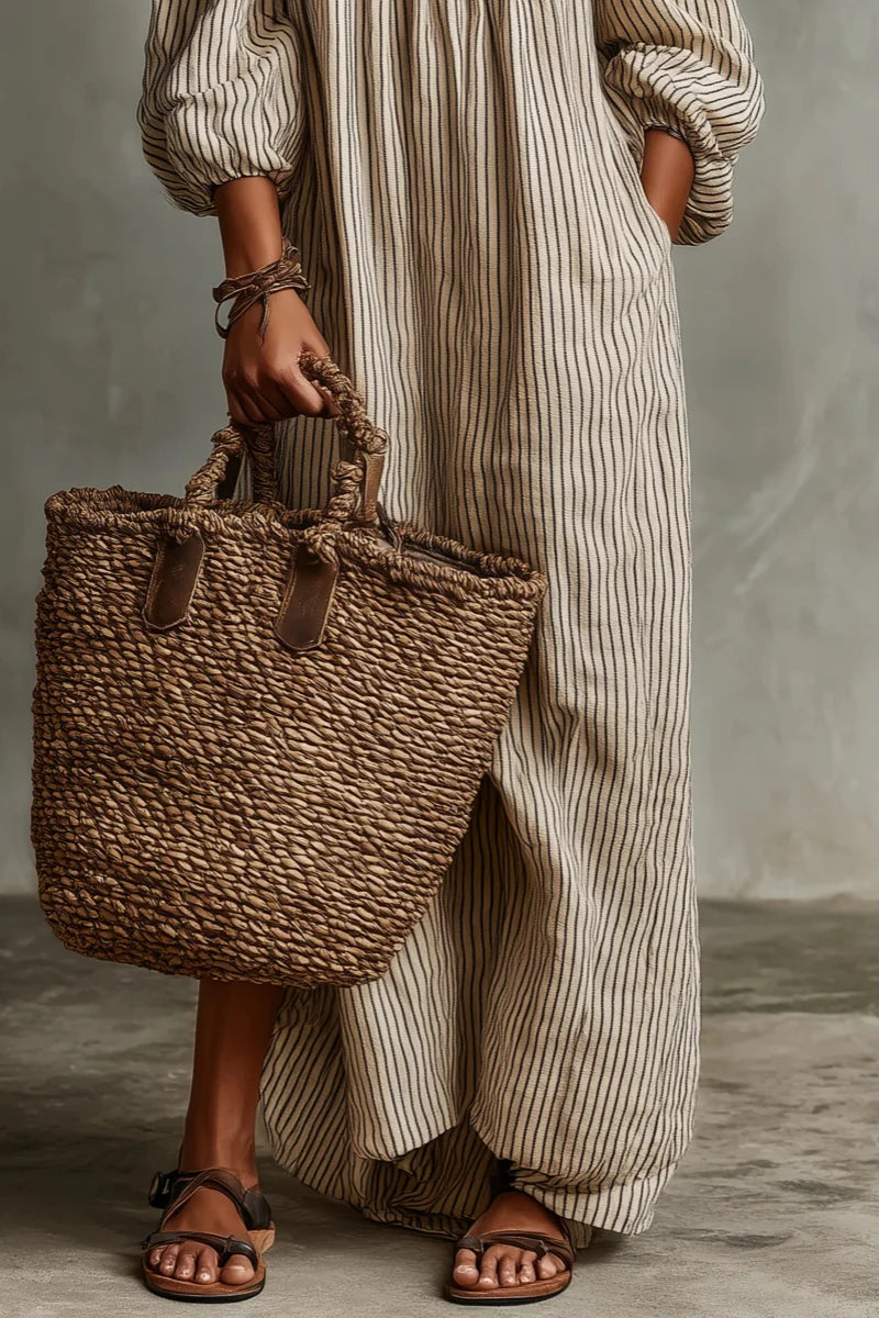 Vestido Largo Beige a Rayas Off-Shoulder de Lino