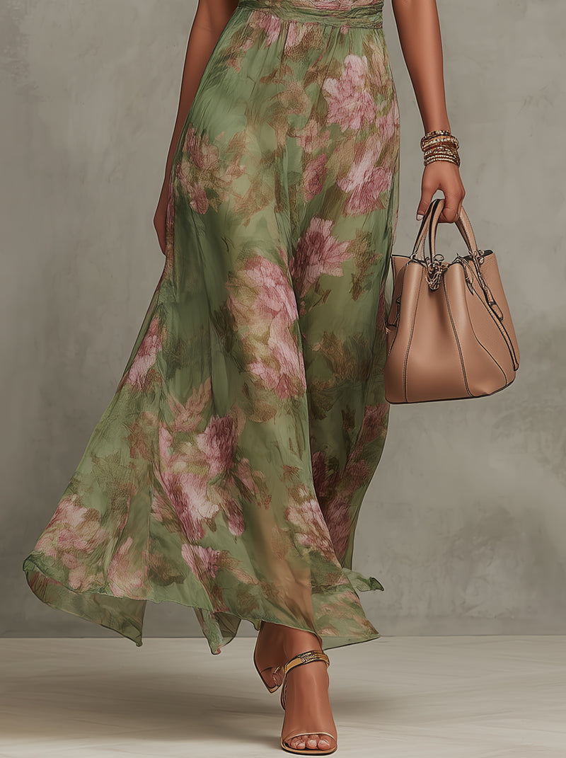 Vestido Largo Floral Verde con Cuello Halter