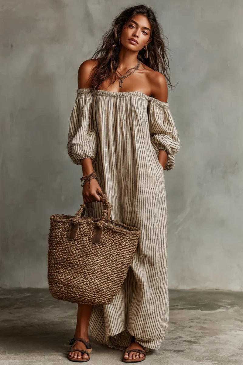 Vestido Largo Beige a Rayas Off-Shoulder de Lino