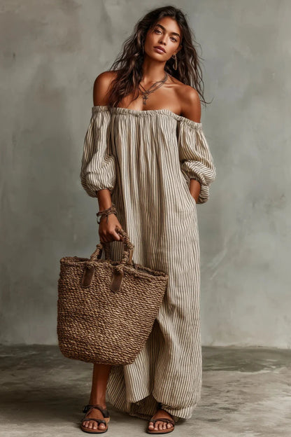 Vestido Largo Beige a Rayas Off-Shoulder de Lino