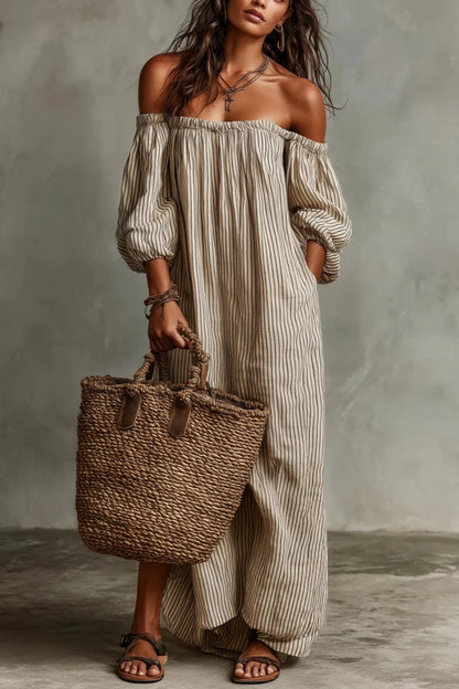 Vestido Largo Beige a Rayas Off-Shoulder de Lino