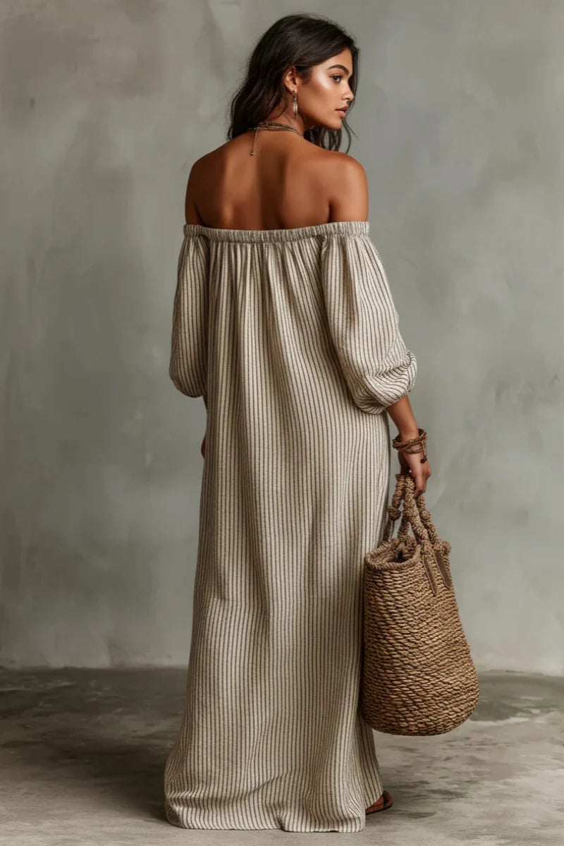Vestido Largo Beige a Rayas Off-Shoulder de Lino