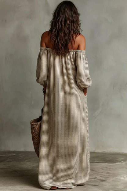 Vestido Largo Beige a Rayas Off-Shoulder de Lino