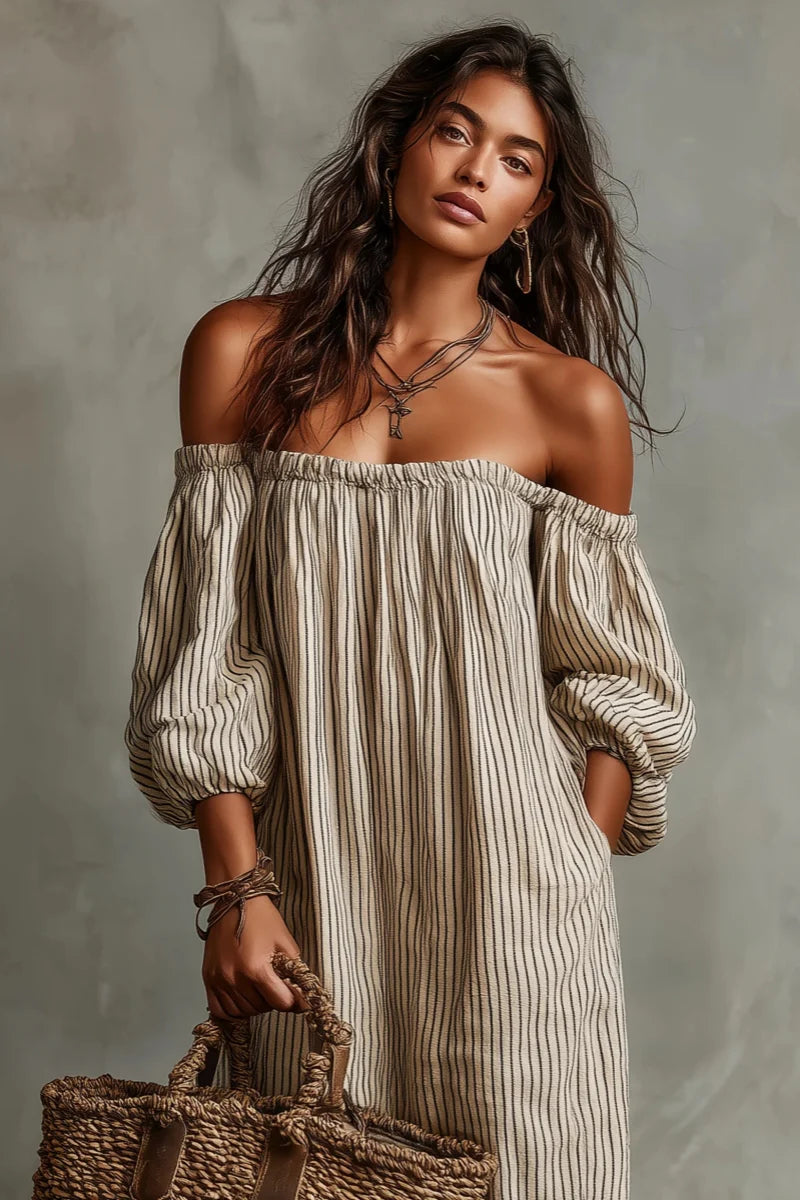 Vestido Largo Beige a Rayas Off-Shoulder de Lino