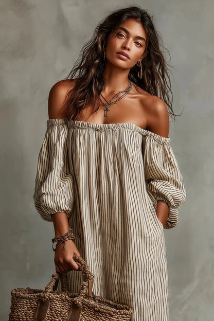 Vestido Largo Beige a Rayas Off-Shoulder de Lino