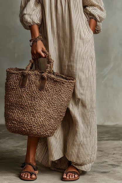 Vestido Largo Beige a Rayas Off-Shoulder de Lino