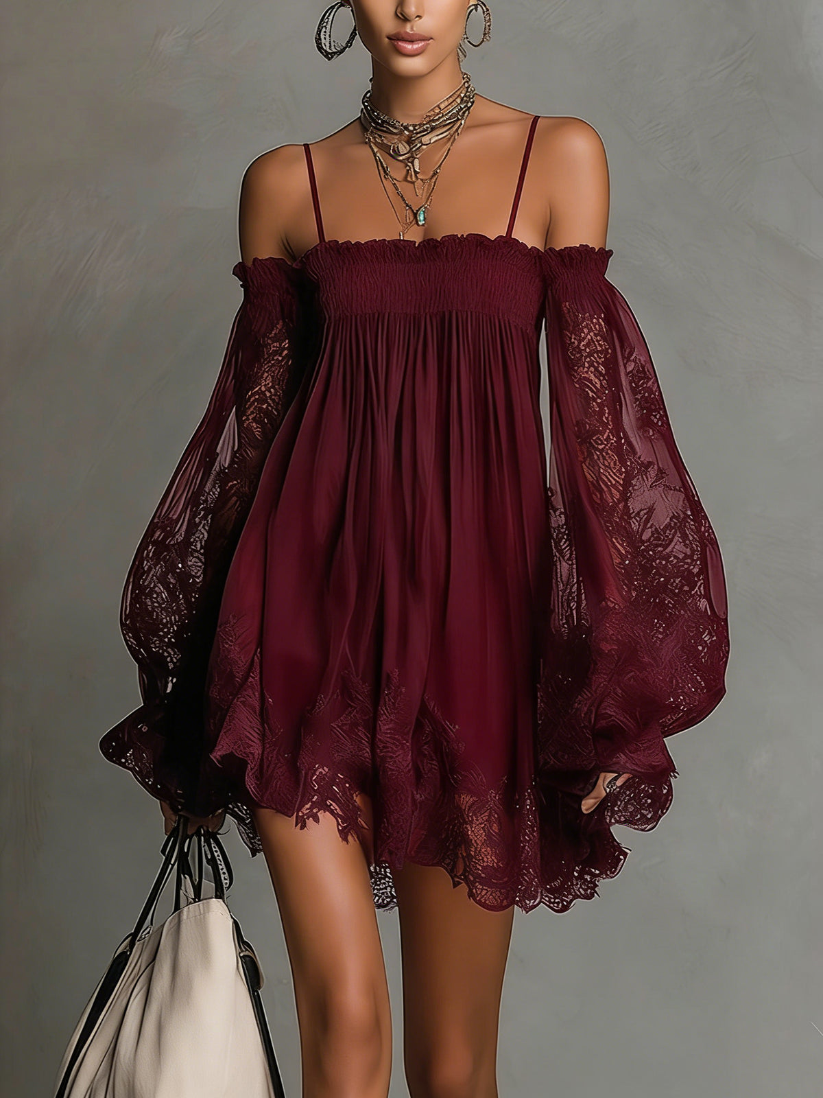 Vestido Mini Azul Marino Off Shoulder de Gasa con Encaje