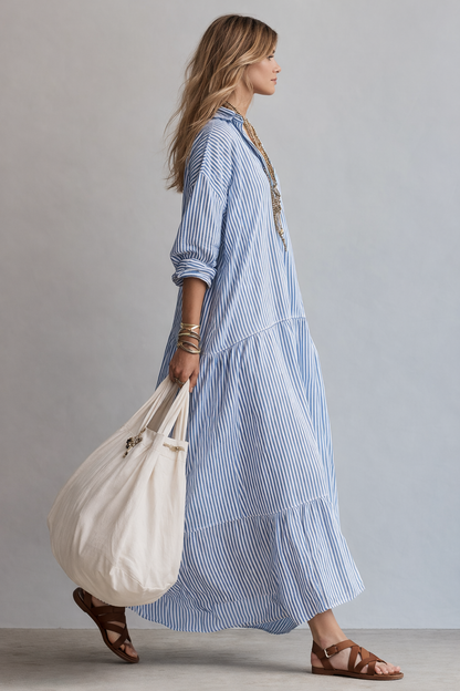 Vestido Largo Camisero de Rayas Azules – Relajado, Elegante y Versátil