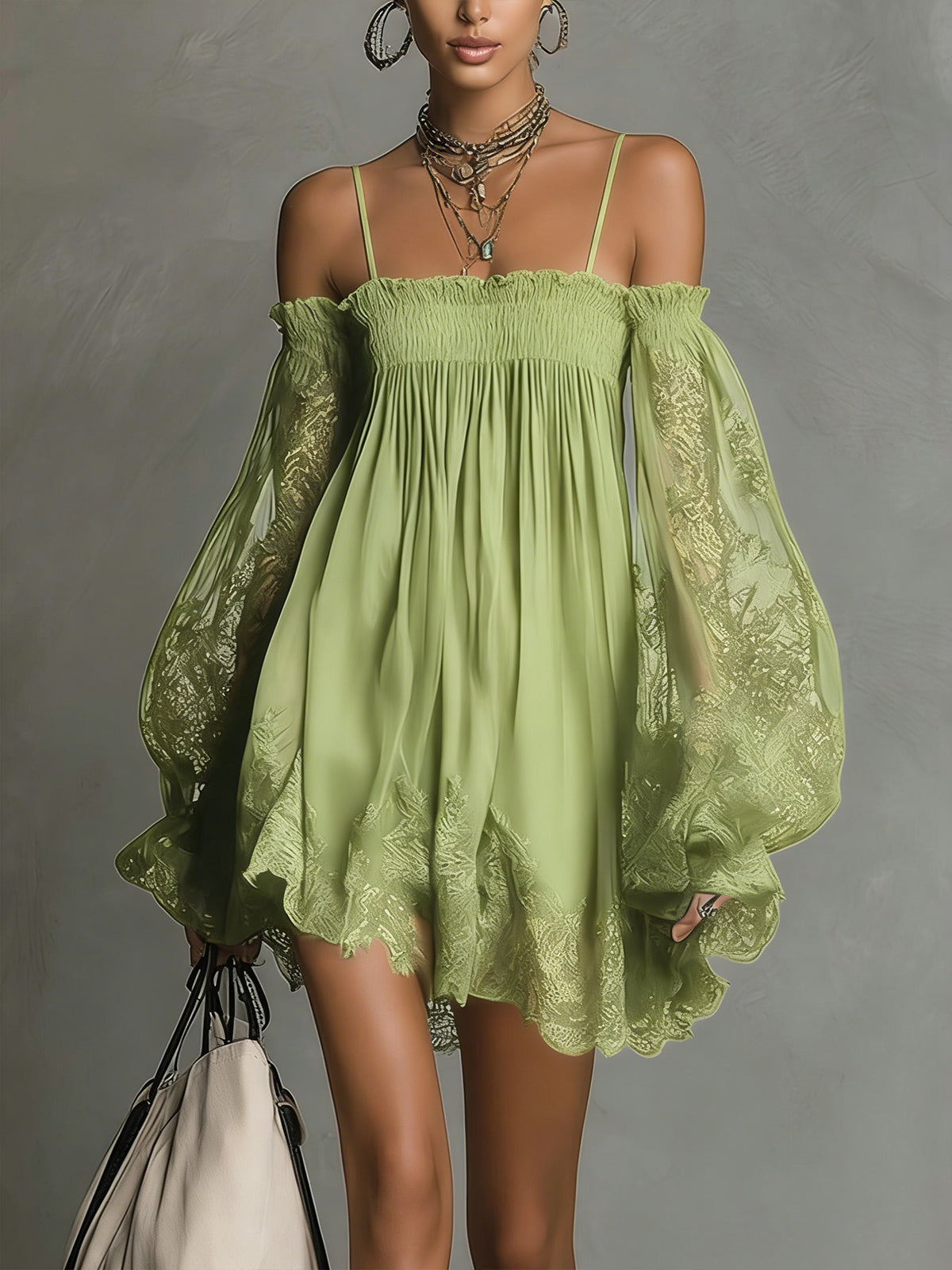 Vestido Mini Azul Marino Off Shoulder de Gasa con Encaje