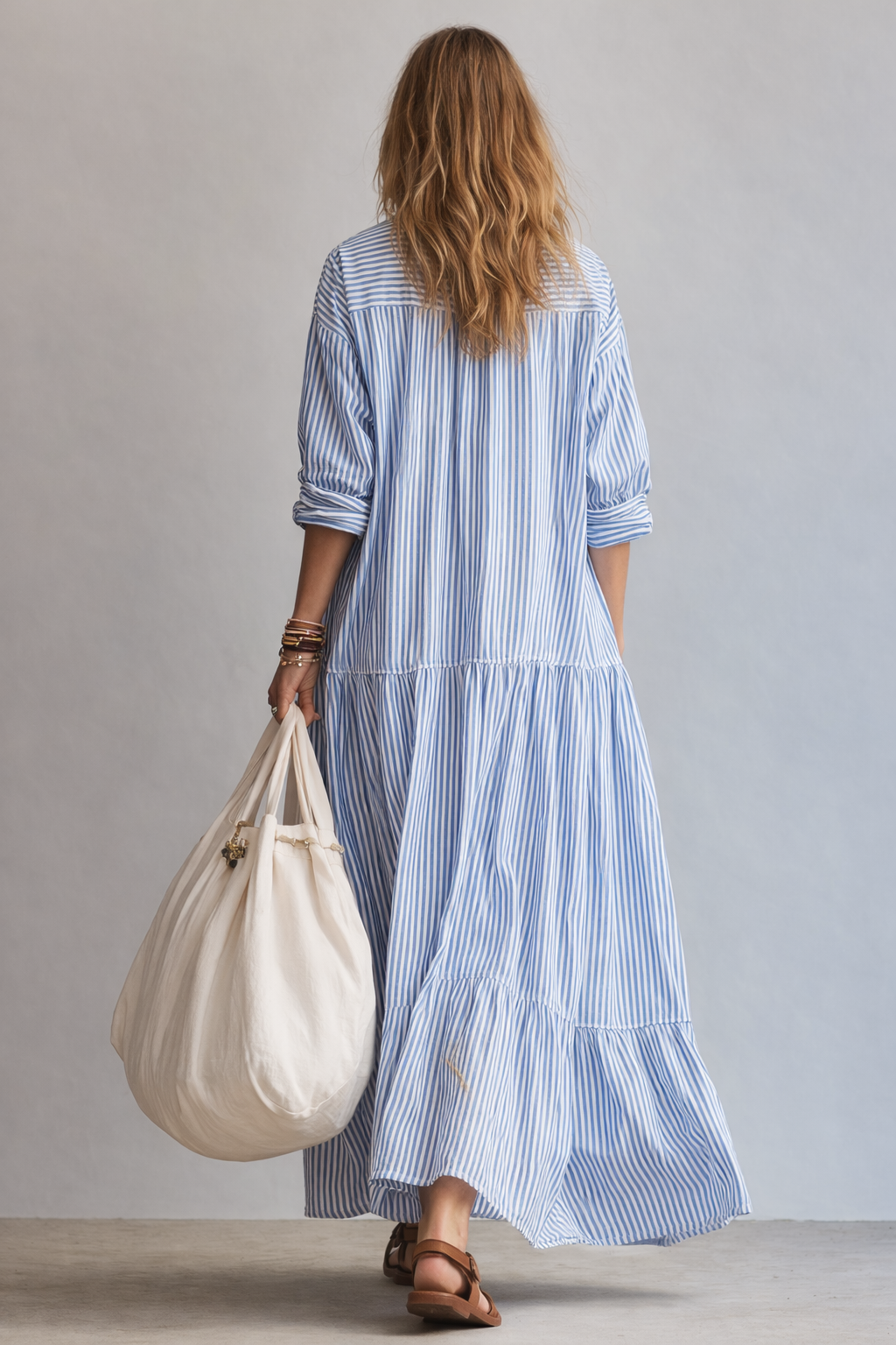 Vestido Largo Camisero de Rayas Azules – Relajado, Elegante y Versátil