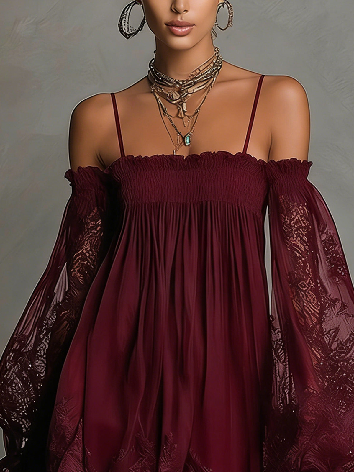 Vestido Mini Azul Marino Off Shoulder de Gasa con Encaje