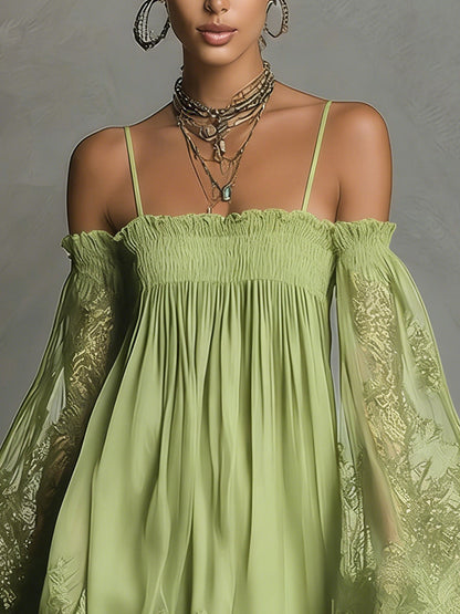 Vestido Mini Azul Marino Off Shoulder de Gasa con Encaje