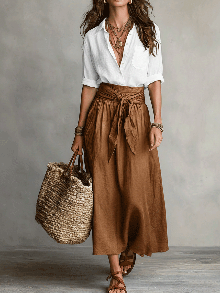 Conjunto Boho Blusa Negra Fluida + Falda Midi Satinada Verde Oliva – Elegante y Versátil