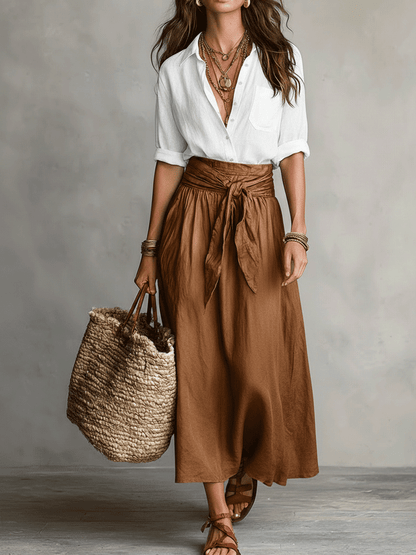 Conjunto Boho Blusa Negra Fluida + Falda Midi Satinada Verde Oliva – Elegante y Versátil