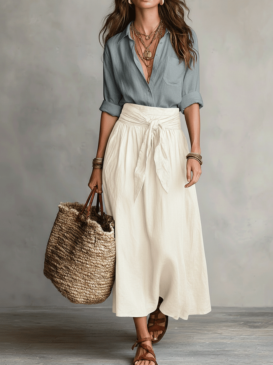 Conjunto Boho Blusa Negra Fluida + Falda Midi Satinada Verde Oliva – Elegante y Versátil