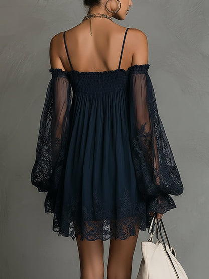 Vestido Mini Azul Marino Off Shoulder de Gasa con Encaje