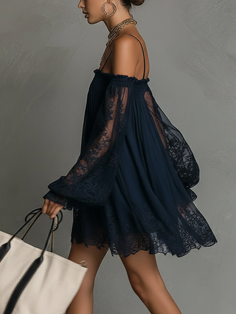 Vestido Mini Azul Marino Off Shoulder de Gasa con Encaje