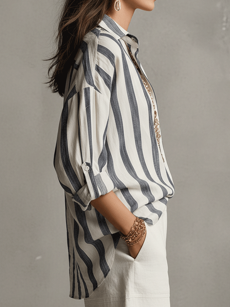 Camisa de Rayas de Algodón y Lino de Manga Larga – Ligera y Versátil