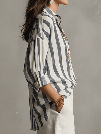 Camisa de Rayas de Algodón y Lino de Manga Larga – Ligera y Versátil