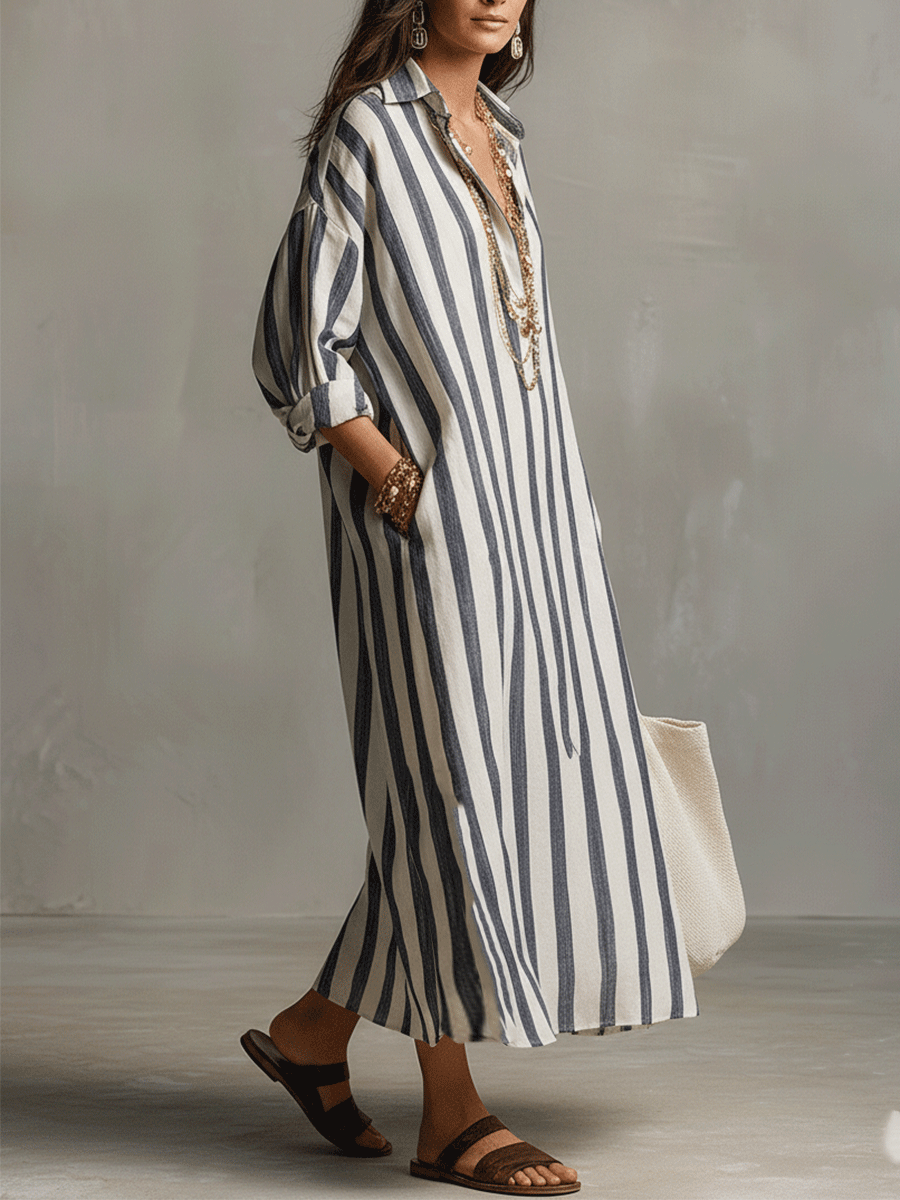 Vestido Largo Camisero Boho a Rayas – Fluido y Estilizador
