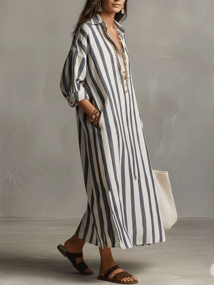 Vestido Largo Camisero Boho a Rayas – Fluido y Estilizador