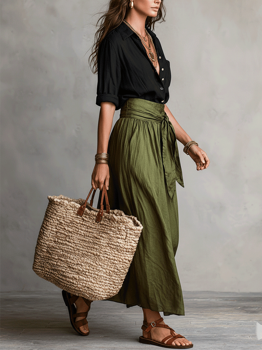Conjunto Boho Blusa Negra Fluida + Falda Midi Satinada Verde Oliva – Elegante y Versátil