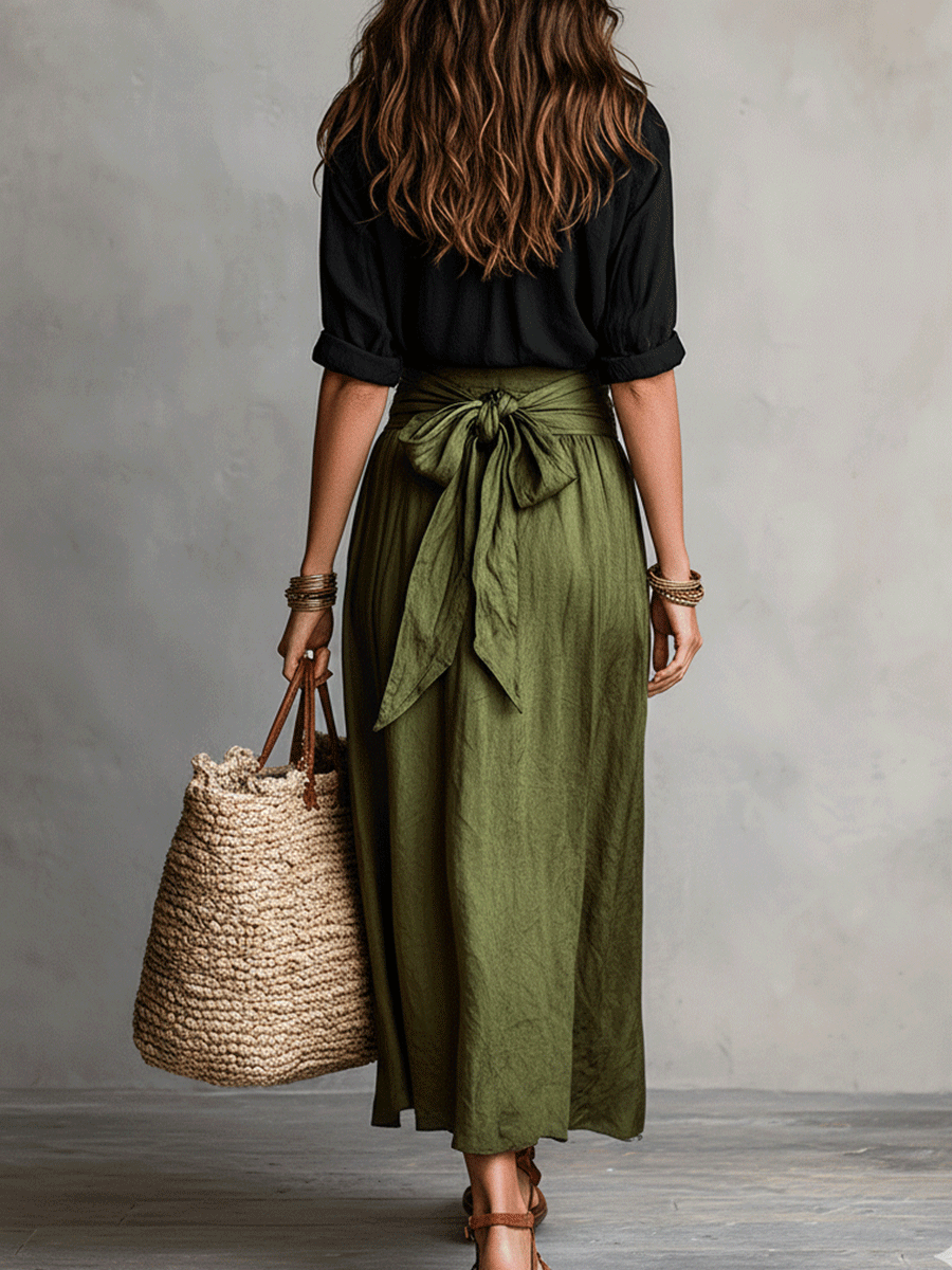 Conjunto Boho Blusa Negra Fluida + Falda Midi Satinada Verde Oliva – Elegante y Versátil