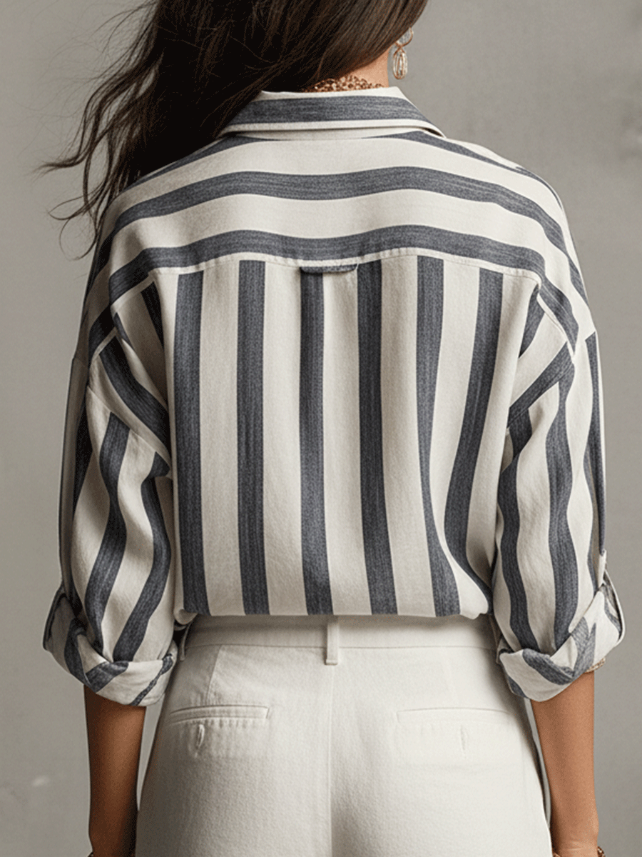 Camisa de Rayas de Algodón y Lino de Manga Larga – Ligera y Versátil