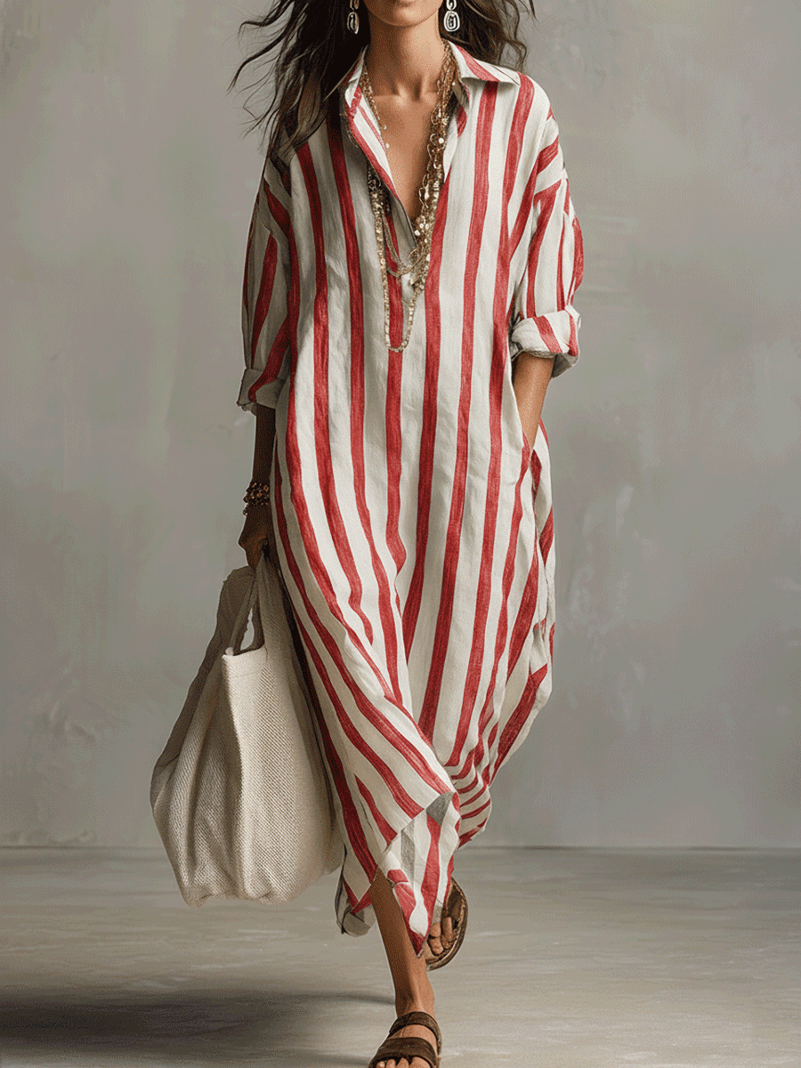 Vestido Largo Camisero Boho a Rayas – Fluido y Estilizador