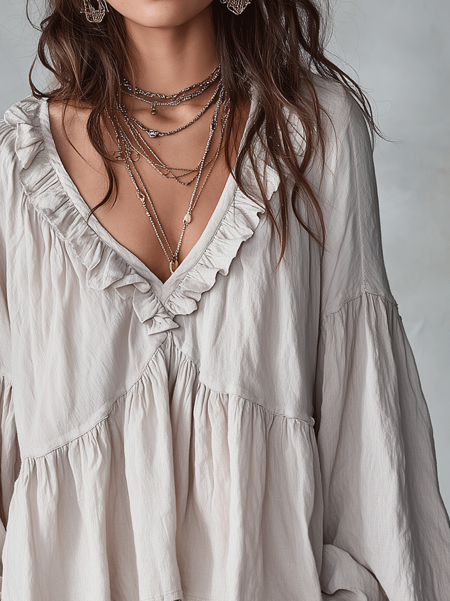 Blusa Boho con Volantes y Escote en V – Ligera, Romántica y Fluida