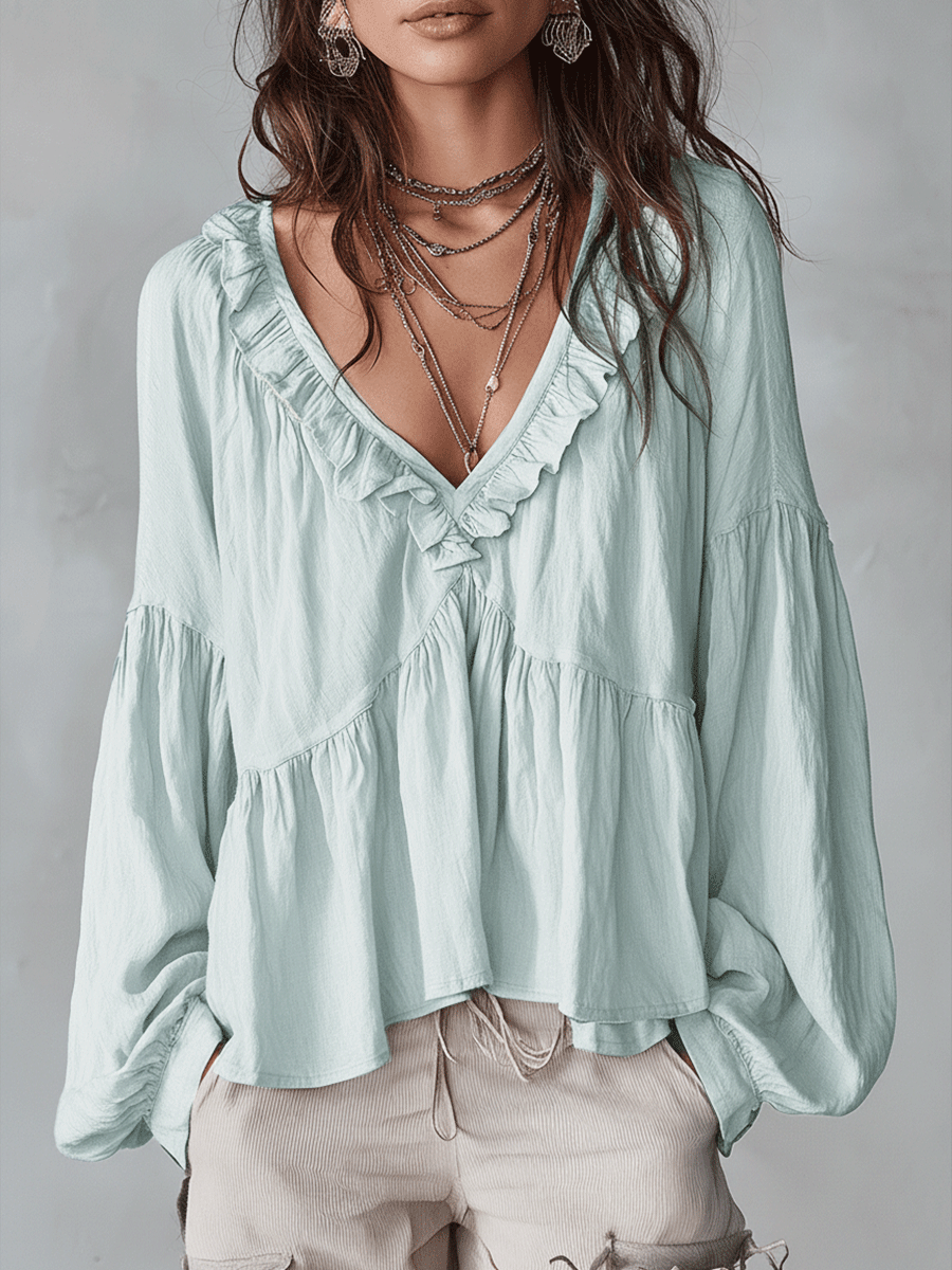 Blusa Boho con Volantes y Escote en V – Ligera, Romántica y Fluida
