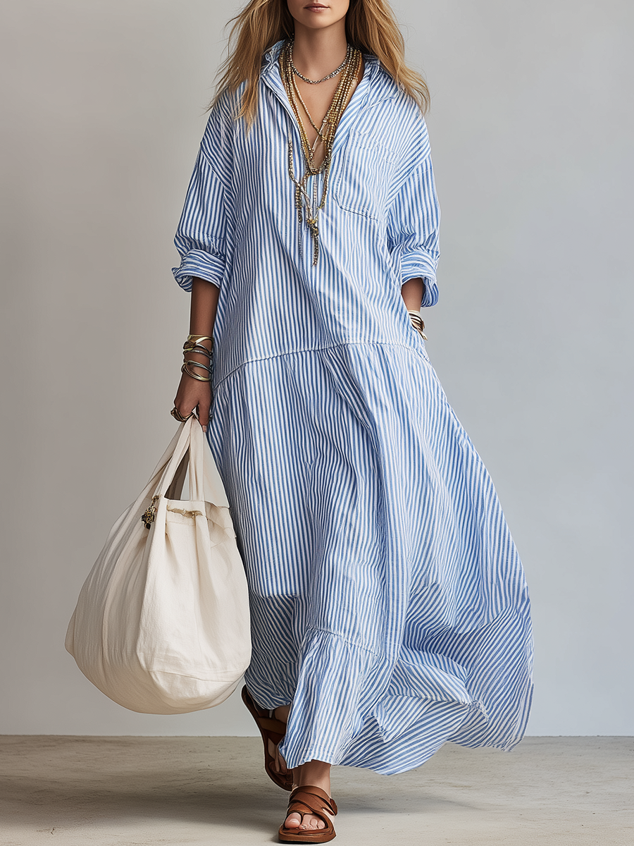 Vestido Largo Camisero de Rayas Azules – Relajado, Elegante y Versátil