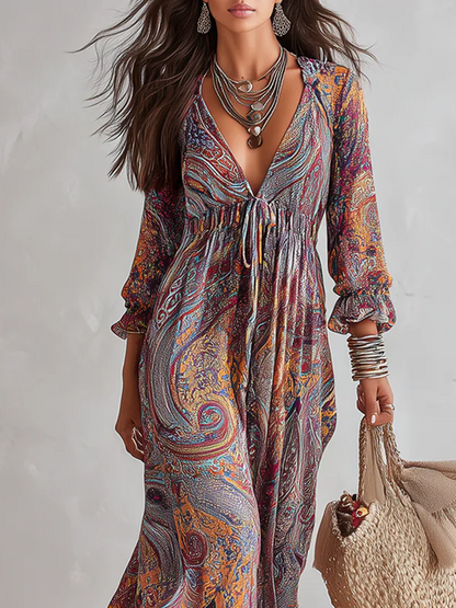 Vestido de Estampado Paisley con Escote en V y Cintura Ajustable – Boho y Elegante