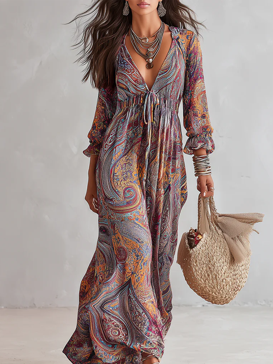 Vestido de Estampado Paisley con Escote en V y Cintura Ajustable – Boho y Elegante