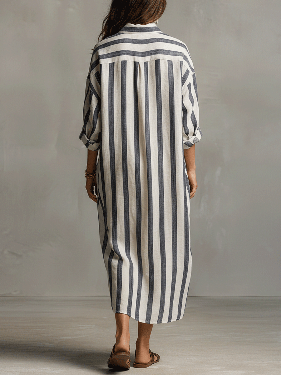 Vestido Largo Camisero Boho a Rayas – Fluido y Estilizador