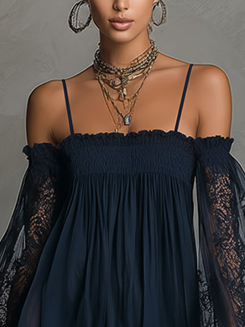 Vestido Mini Azul Marino Off Shoulder de Gasa con Encaje