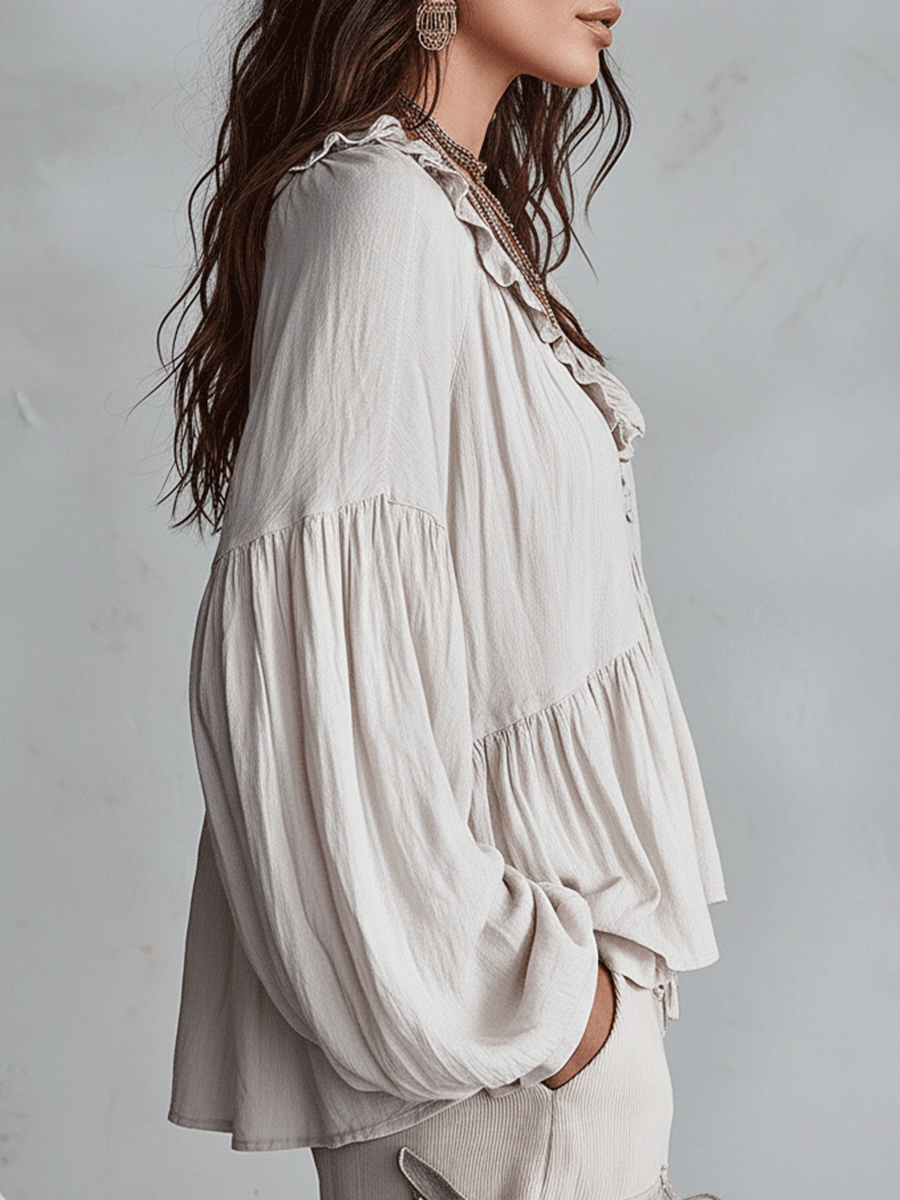Blusa Boho con Volantes y Escote en V – Ligera, Romántica y Fluida