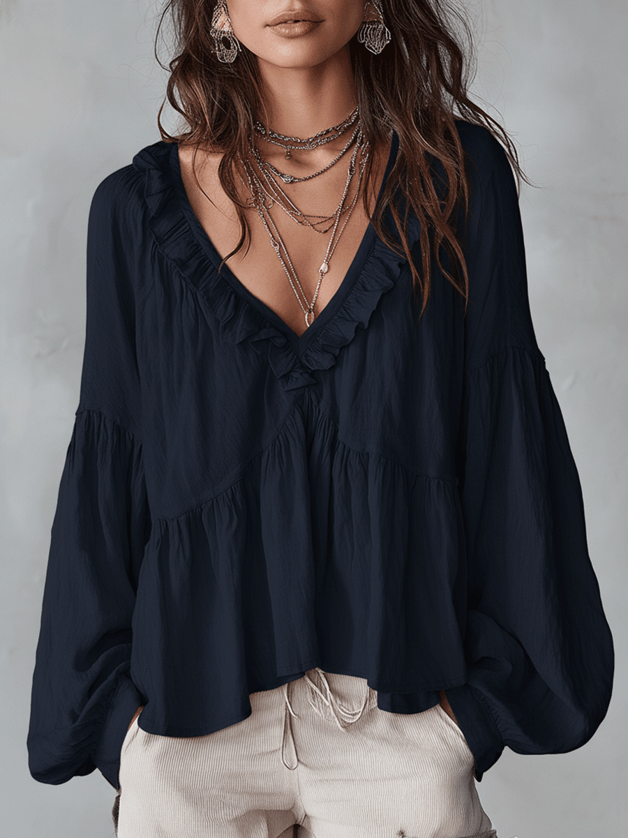 Blusa Boho con Volantes y Escote en V – Ligera, Romántica y Fluida