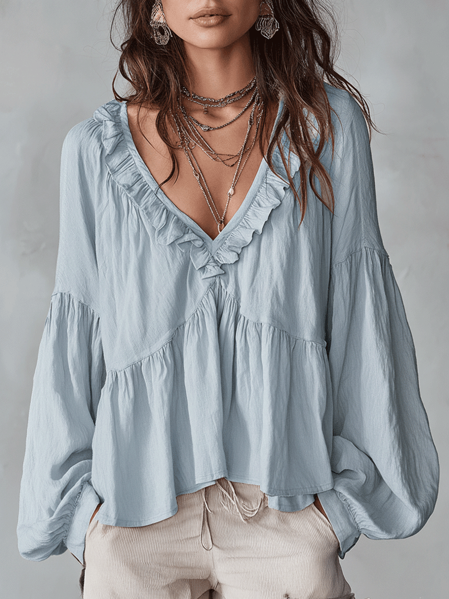 Blusa Boho con Volantes y Escote en V – Ligera, Romántica y Fluida
