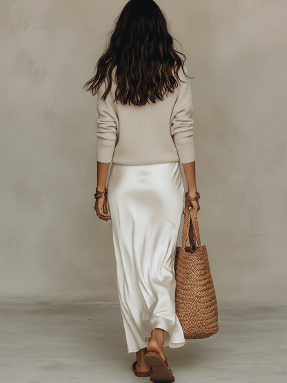 Conjunto Midi Lujo | Top de Punto + Falda Satén Marfil