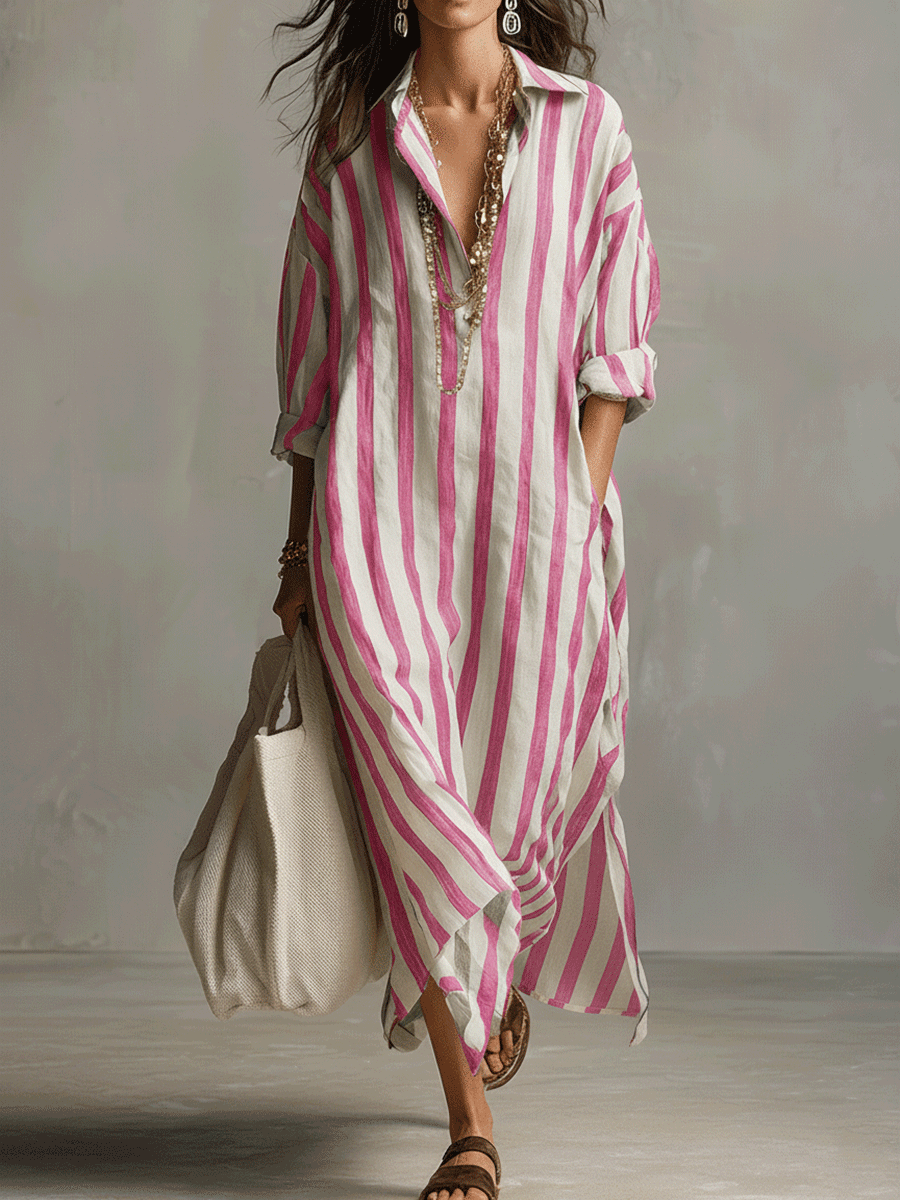 Vestido Largo Camisero Boho a Rayas – Fluido y Estilizador