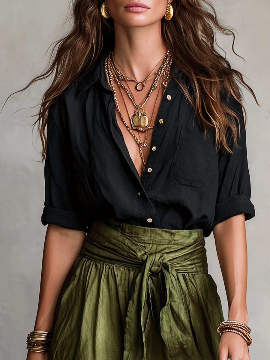 Conjunto Boho Blusa Negra Fluida + Falda Midi Satinada Verde Oliva – Elegante y Versátil