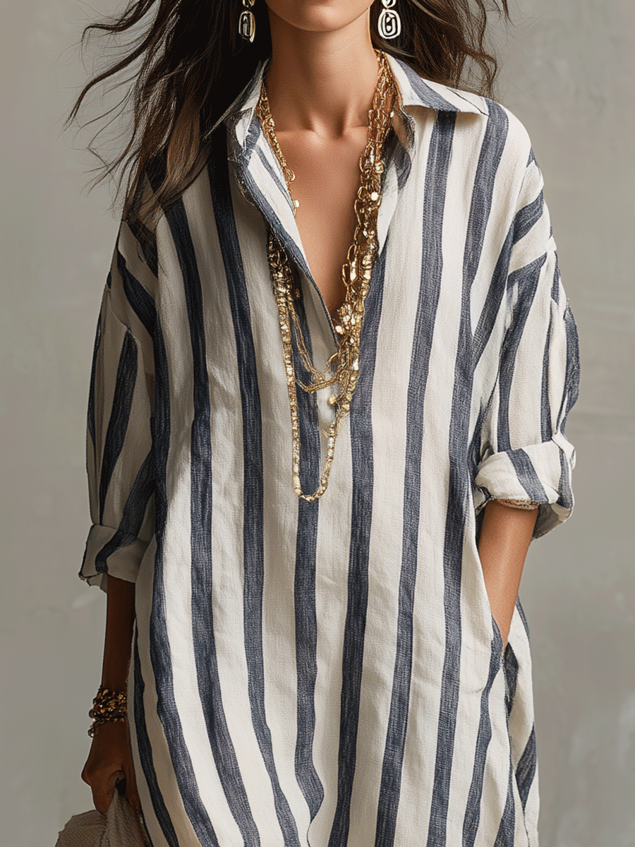Vestido Largo Camisero Boho a Rayas – Fluido y Estilizador