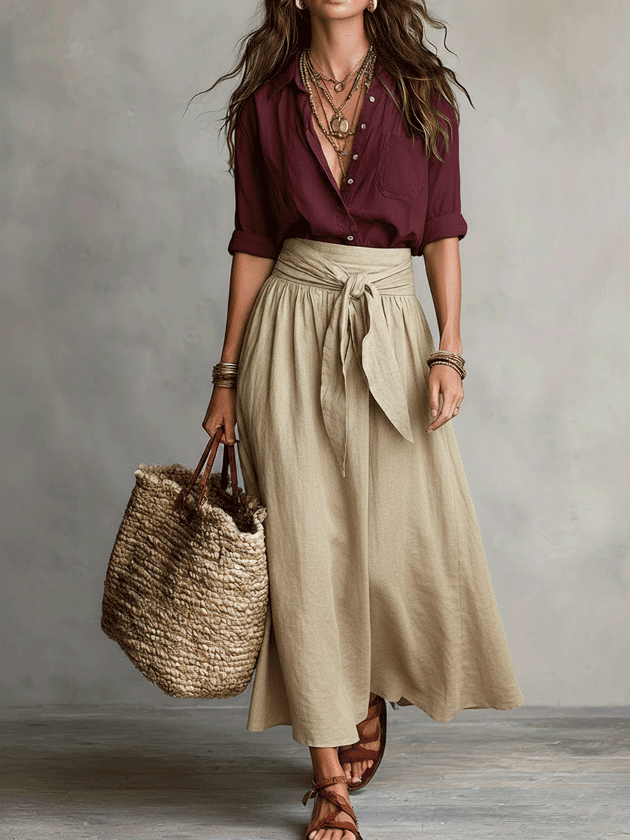 Conjunto Boho Blusa Negra Fluida + Falda Midi Satinada Verde Oliva – Elegante y Versátil