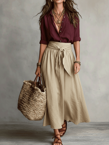 Conjunto Boho Blusa Negra Fluida + Falda Midi Satinada Verde Oliva – Elegante y Versátil
