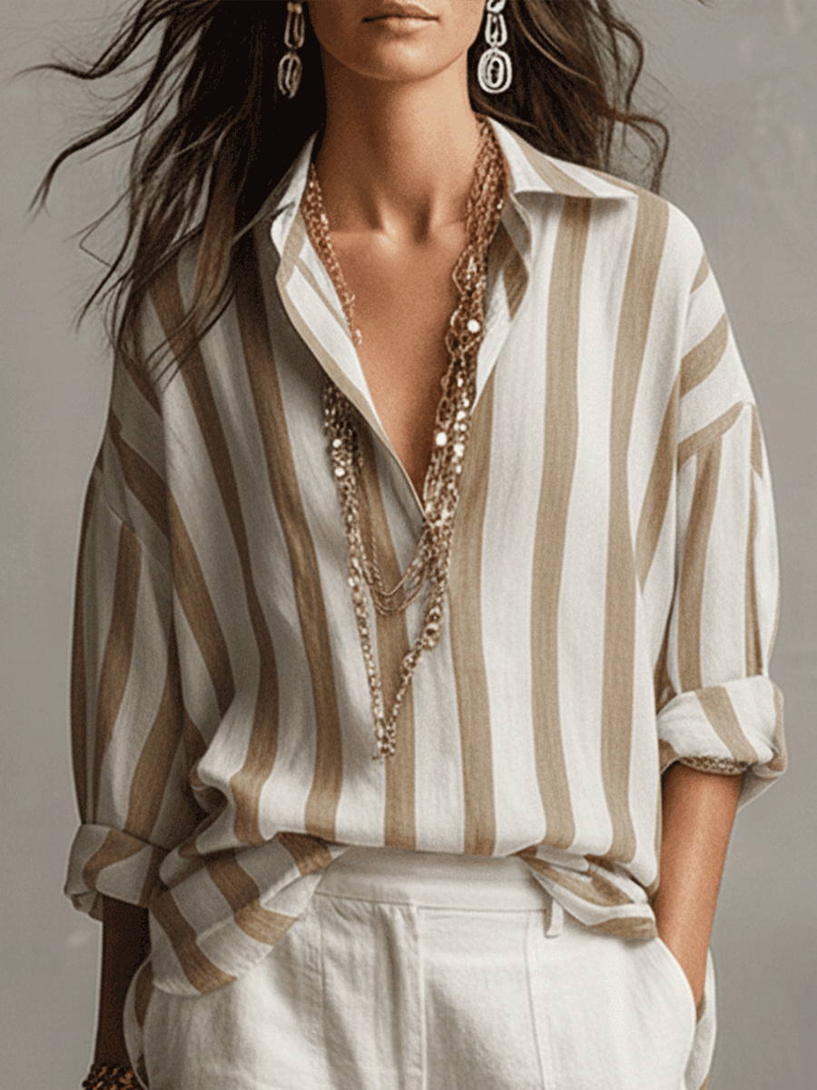 Camisa de Rayas de Algodón y Lino de Manga Larga – Ligera y Versátil