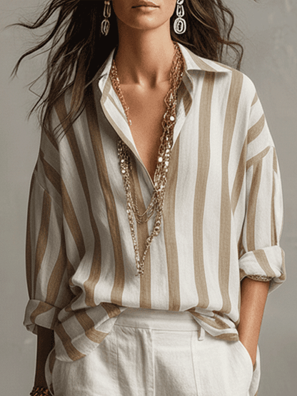 Camisa de Rayas de Algodón y Lino de Manga Larga – Ligera y Versátil