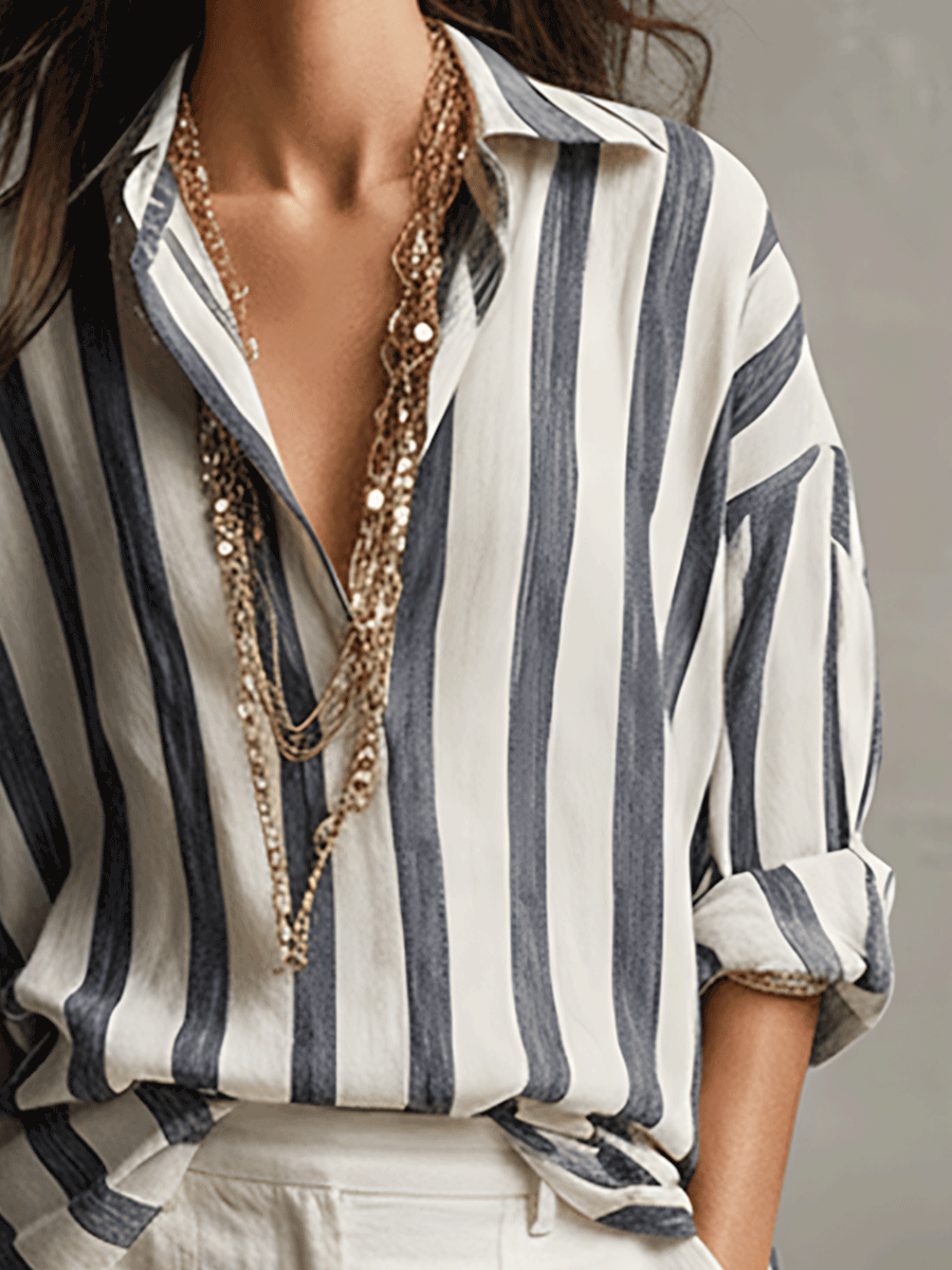 Camisa de Rayas de Algodón y Lino de Manga Larga – Ligera y Versátil