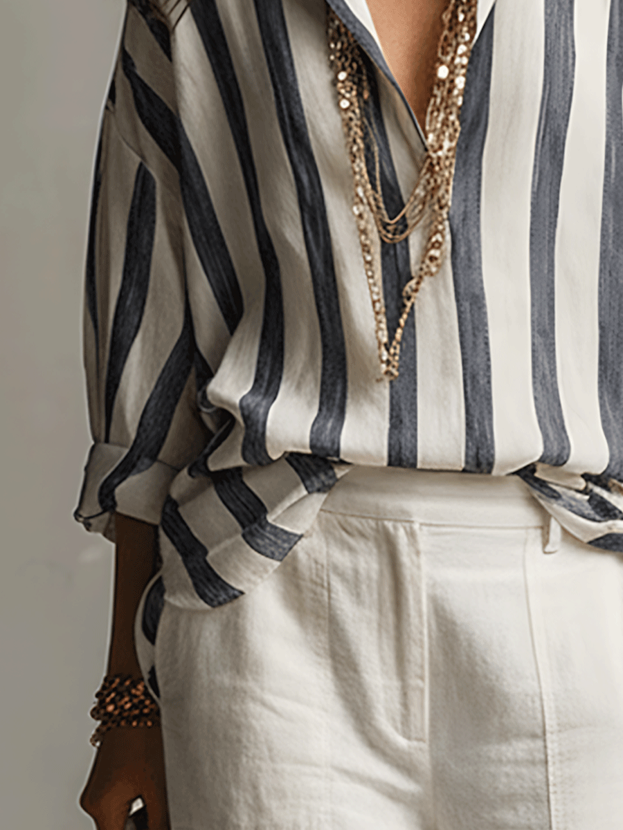 Camisa de Rayas de Algodón y Lino de Manga Larga – Ligera y Versátil